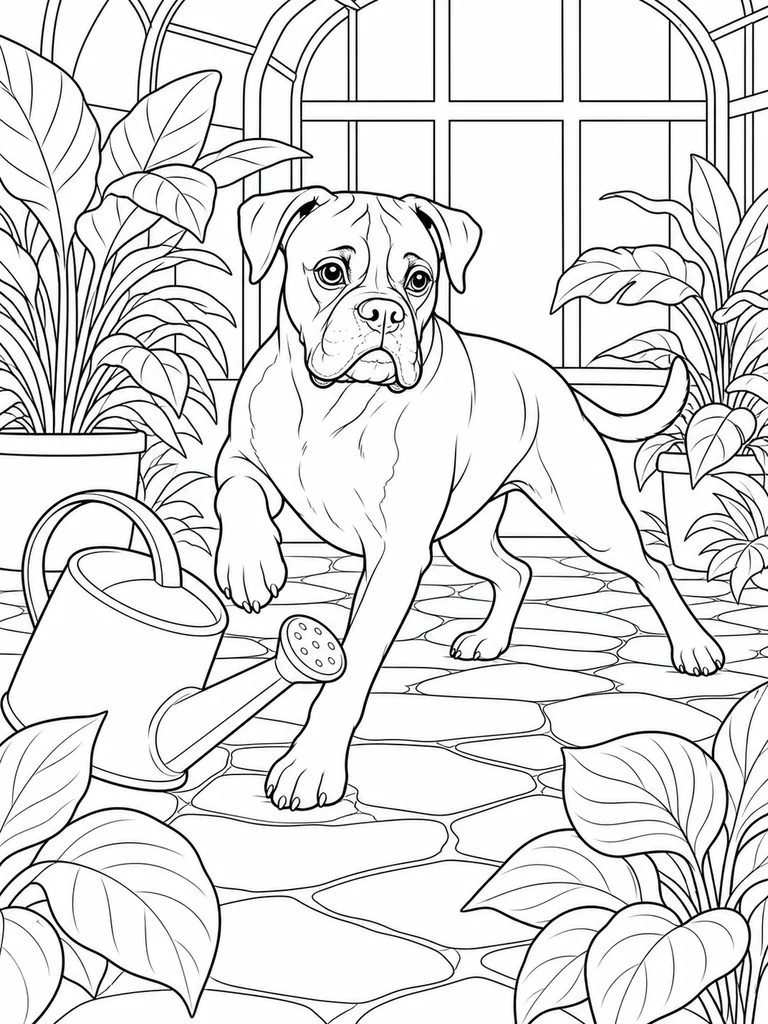 Inside a greenhouse, a Boxer Dog steps around a tipped watering can on a stone path lined with broad-leaved plants.