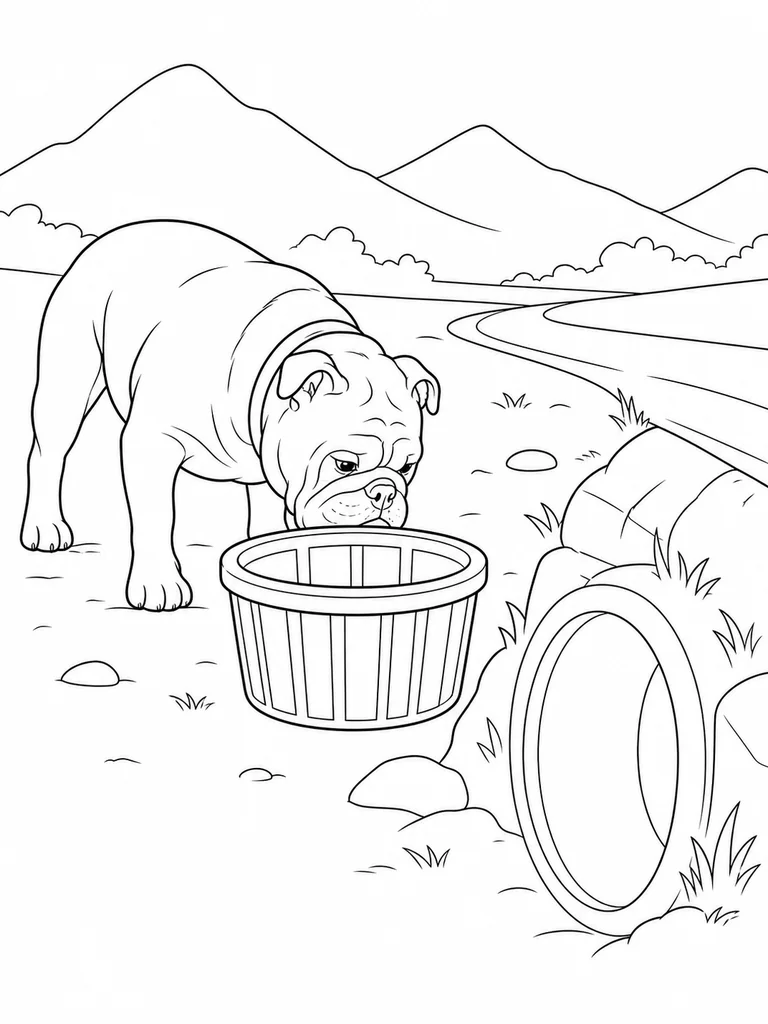 This coloring sheet shows a Bulldog sniffing a round basket beside a large mountain pipe.