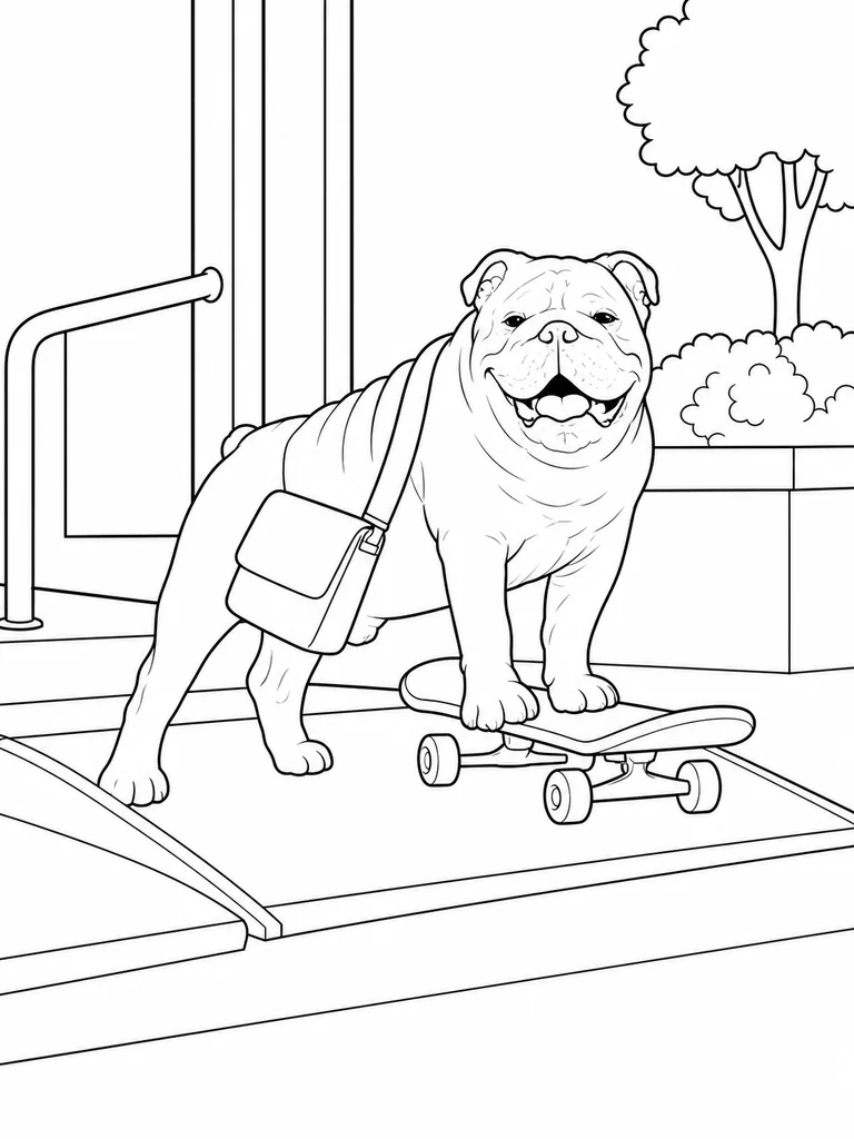 One Bulldog rests a front paw on a skateboard beside a low access ramp.