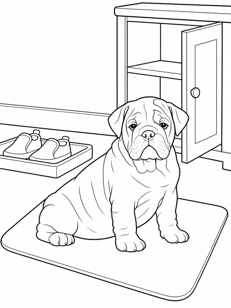 A Bulldog Puppy sits on a plain mat beside a shoe tray and an open cabinet.