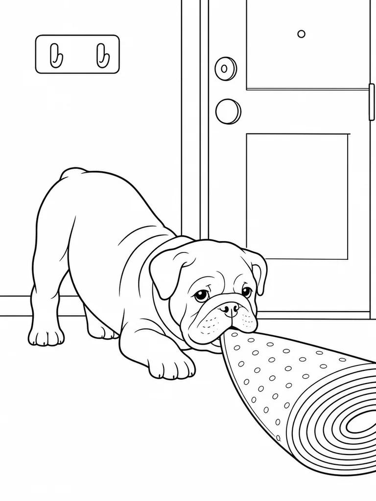 Pulling a rolled mat from the doorway, a Bulldog Puppy holds a playful bow pose.