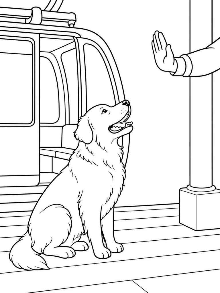 A Lab Dog sits on a platform and looks up at a friendly hand near the cable car.