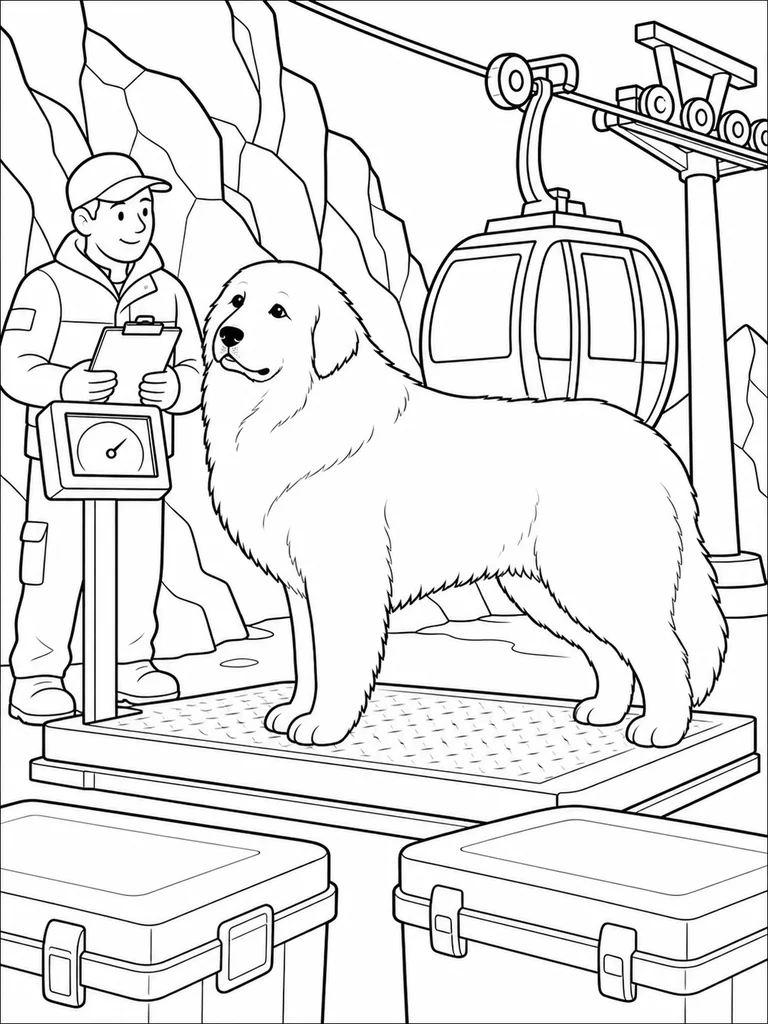 At a mountain cable-car station, a Great Pyrenees stands on a platform scale while an attendant checks the reading.