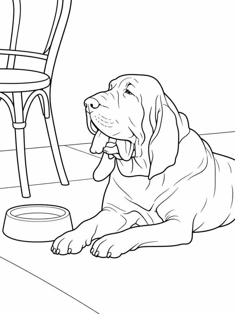 A Hound Dog rests on a cafe patio floor beside a chair and water bowl.