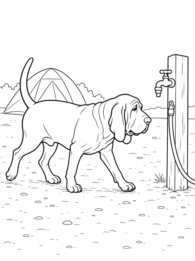 A Bloodhound Dog walks across packed campsite ground toward a water spigot.
