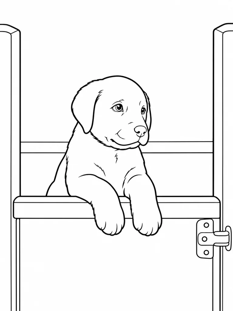 A Chocolate Lab Puppy rests its paws on a low half door and looks out.