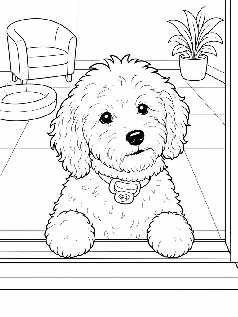 A Cockapoo looks through a boarding lobby window with a chair and plant in the background.
