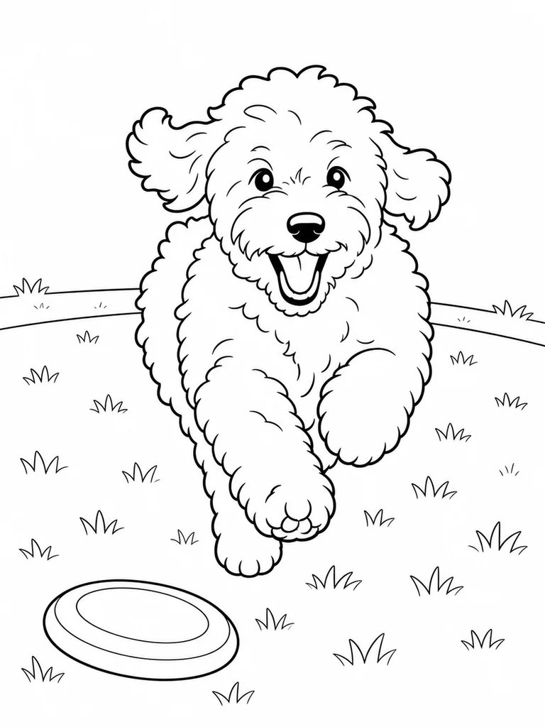 A Cockapoo runs across the park grass toward a flying disc.
