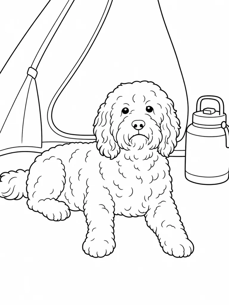 A Cockapoo Dog lies beside a tent door and water jug at a simple campsite.