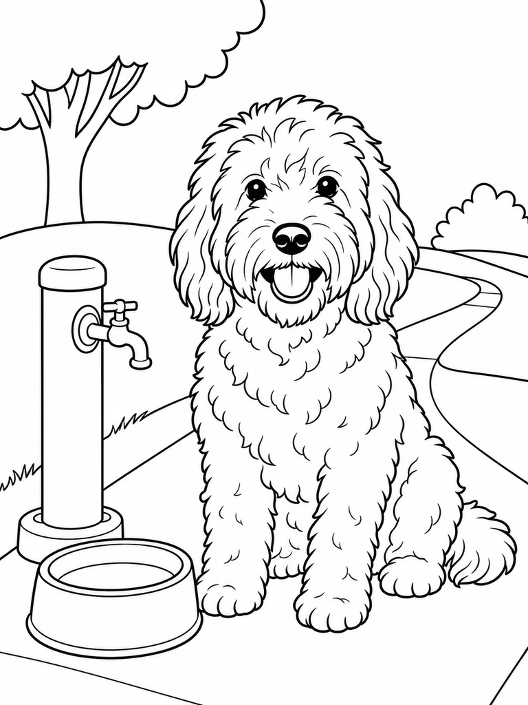 A Cockapoo Dog sits beside a park drinking spigot and water bowl on a simple path.