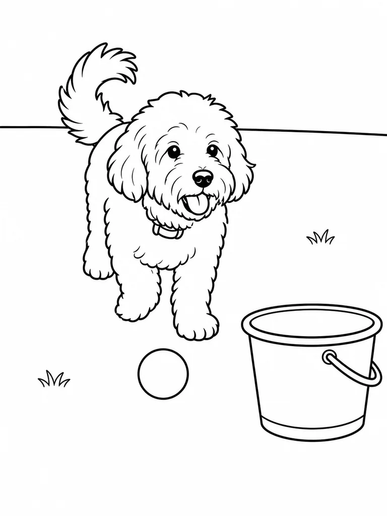 A Cockapoo Dog walks toward a ball and rinse bucket in a simple backyard cleanup scene.