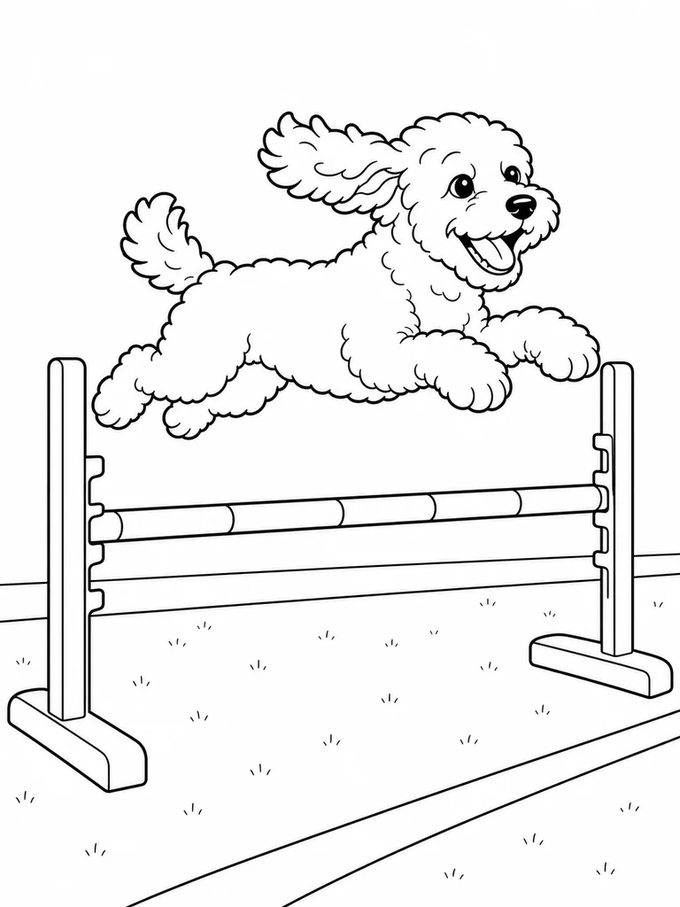 A Cockapoo jumps over a low agility bar on a clean training lane.