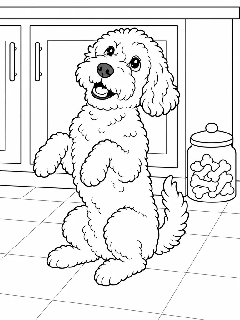 A Cockapoo sits up on the kitchen floor near a treat jar during a simple trick lesson.