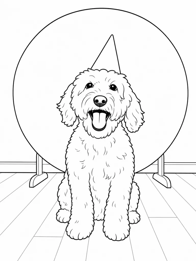 A Cockapoo sits in front of a blank round photo backdrop while wearing a simple party hat.