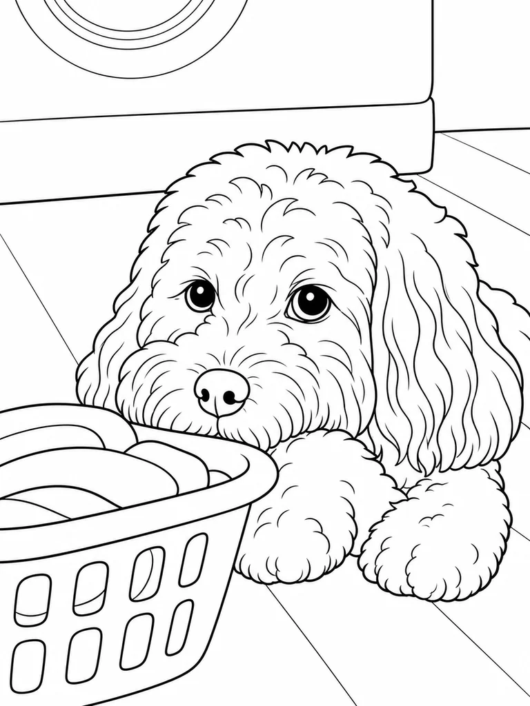 A Cockapoo rests on the laundry room floor with its face near a clothes basket.