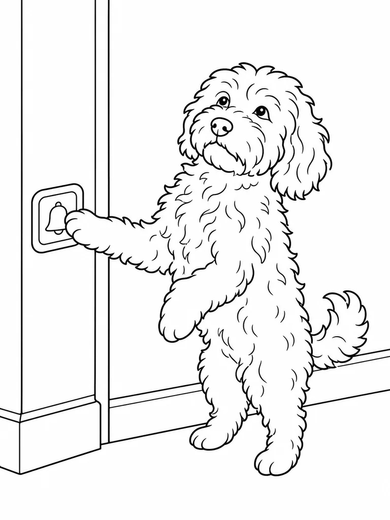 A Cockapoo reaches one paw toward a low training bell beside the door.