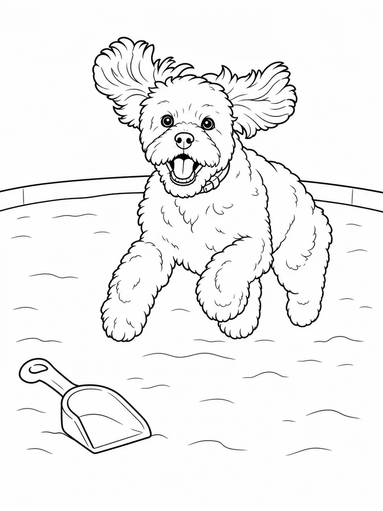 A Cockapoo Pup runs across a plain sand play area near a small sand scoop.