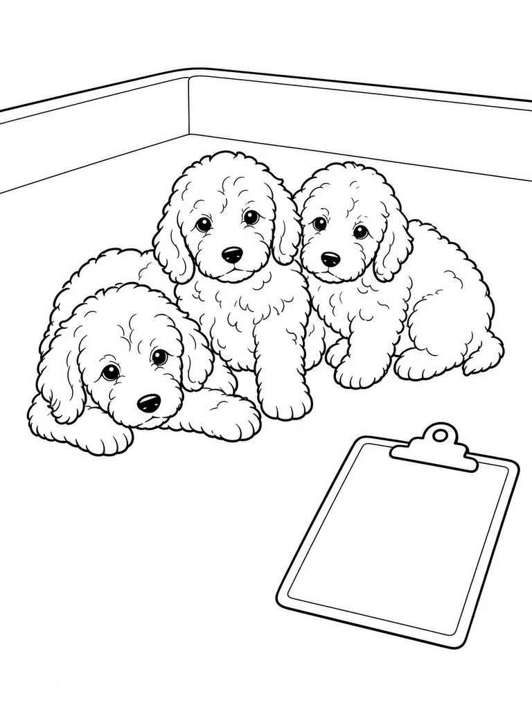 Three Cockapoo Puppies rest together in a shelter corner beside a blank clipboard.