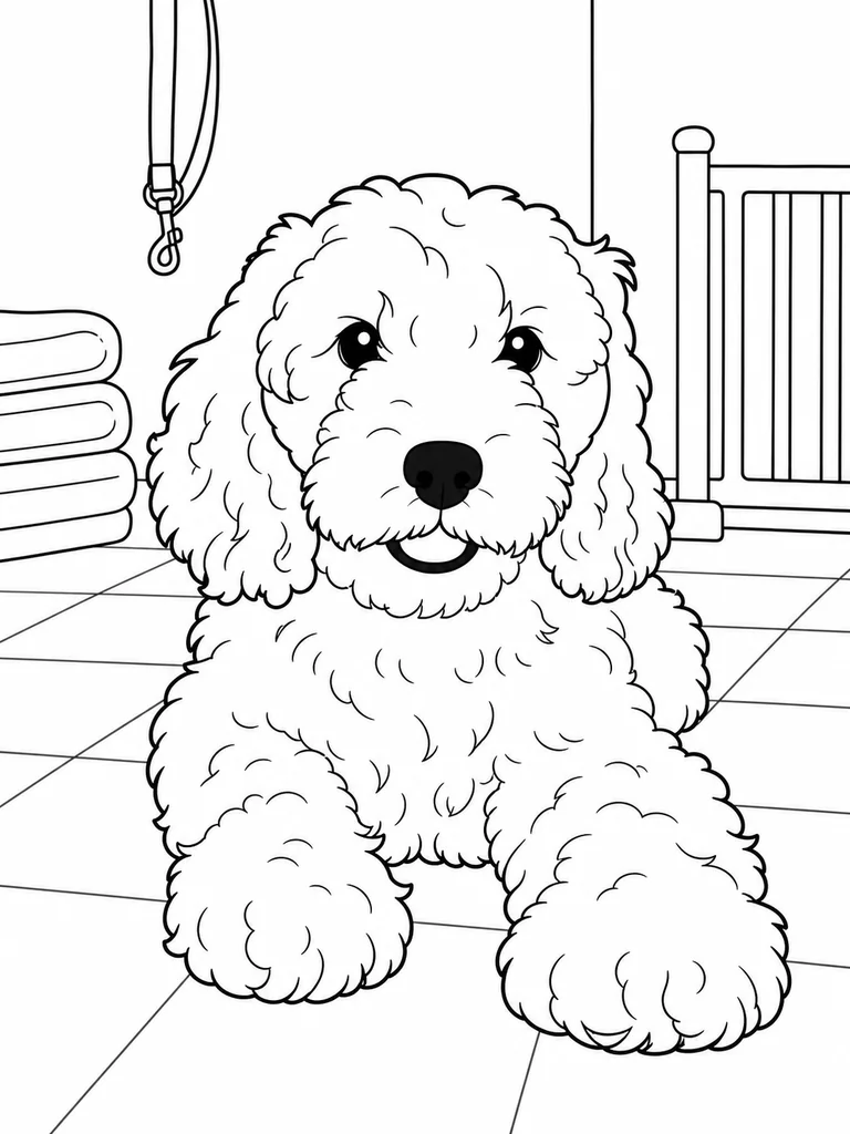 A Cockapoo Puppy rests low on the grooming room floor near folded towels and a small gate.