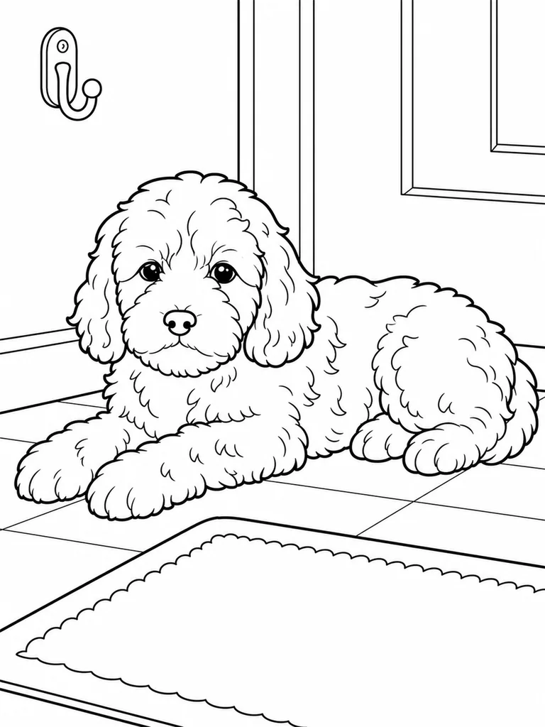 Near the entryway mat and leash hook, a Cockapoo lies calmly on the floor.