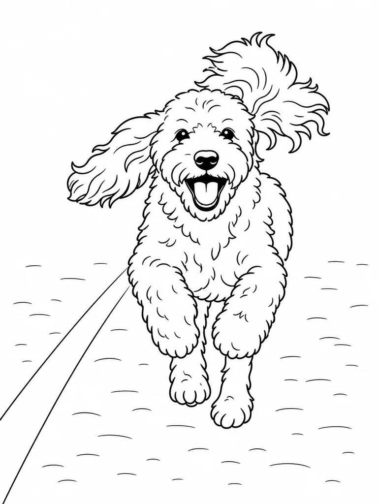 A Cockapoo runs forward along a plain recall lane with a simple ground line.