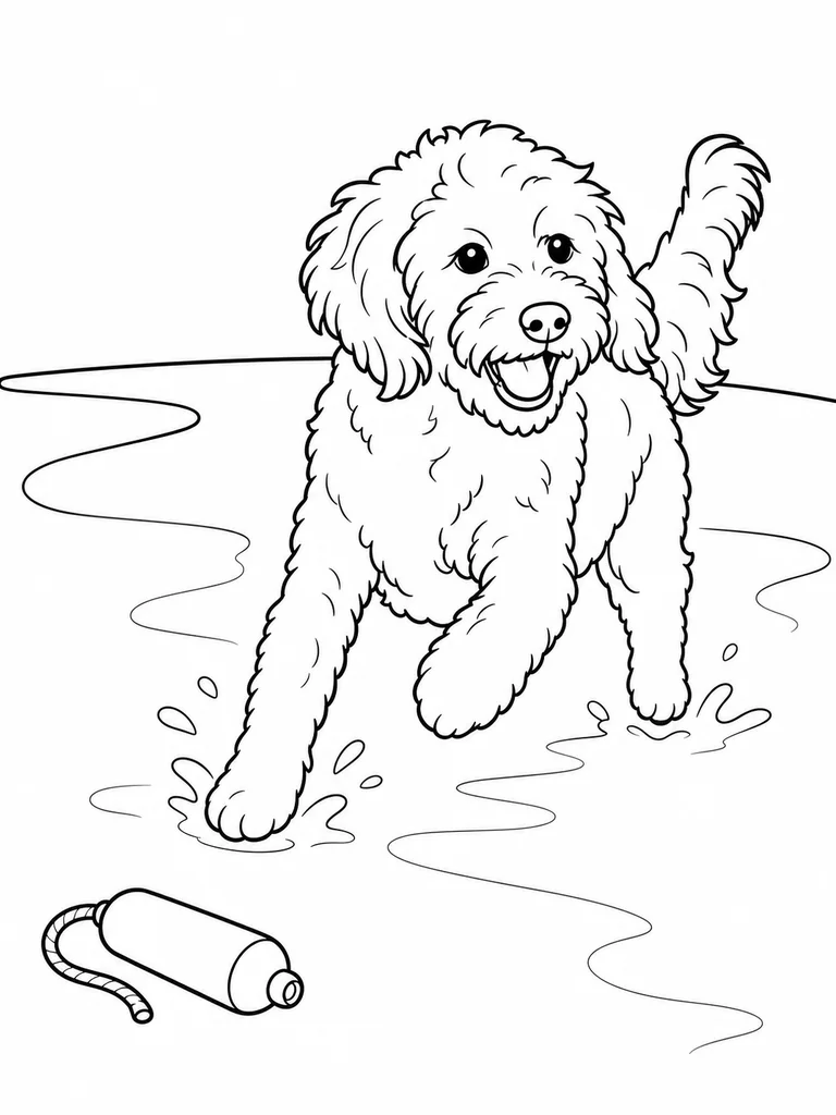 A Cockapoo splashes across a quiet shallow water area near a training float.