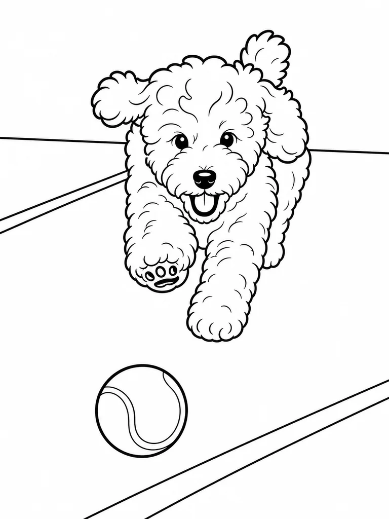 A Cockapoo runs across a clean court surface toward a tennis ball.