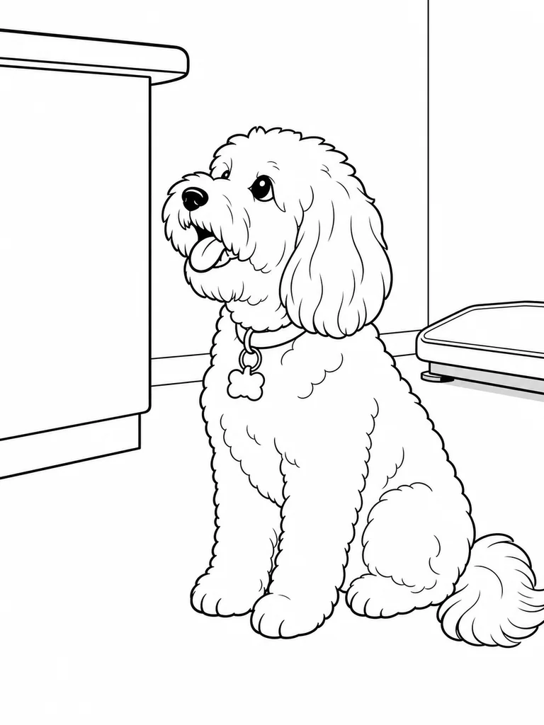 A Cockapoo sits beside the clinic counter and scale in a simple pet check-in scene.