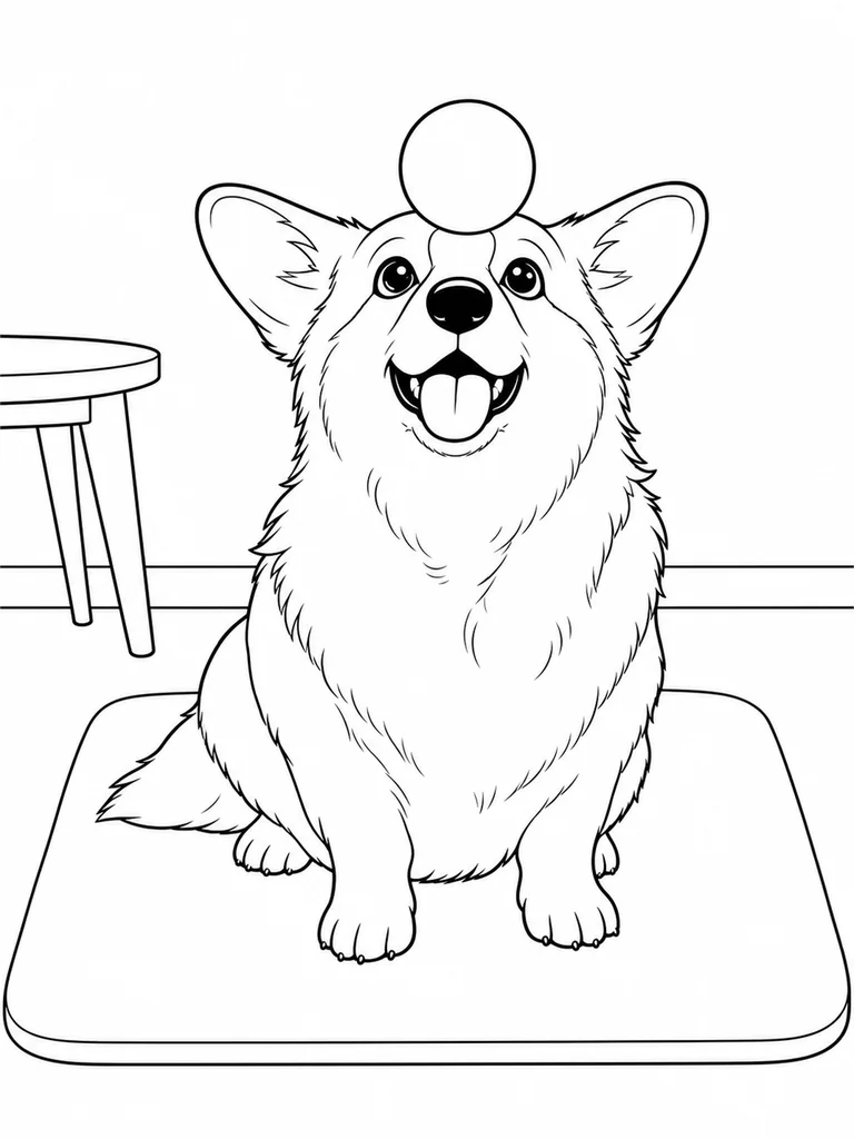 Corgi sits on a mat and balances a plain ball above its nose.
