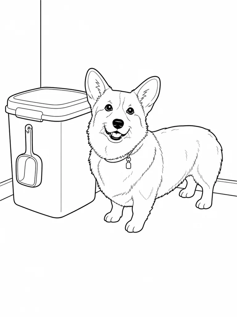 Corgi Dog stands beside a closed food bin with a scoop hanging on it.