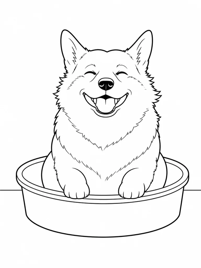 Corgi sits happily inside a shallow round tub on a simple patio.