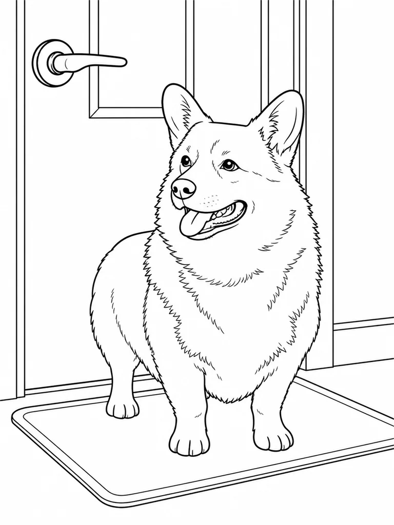 Corgi stands on a mat and looks toward the handle on the back door.
