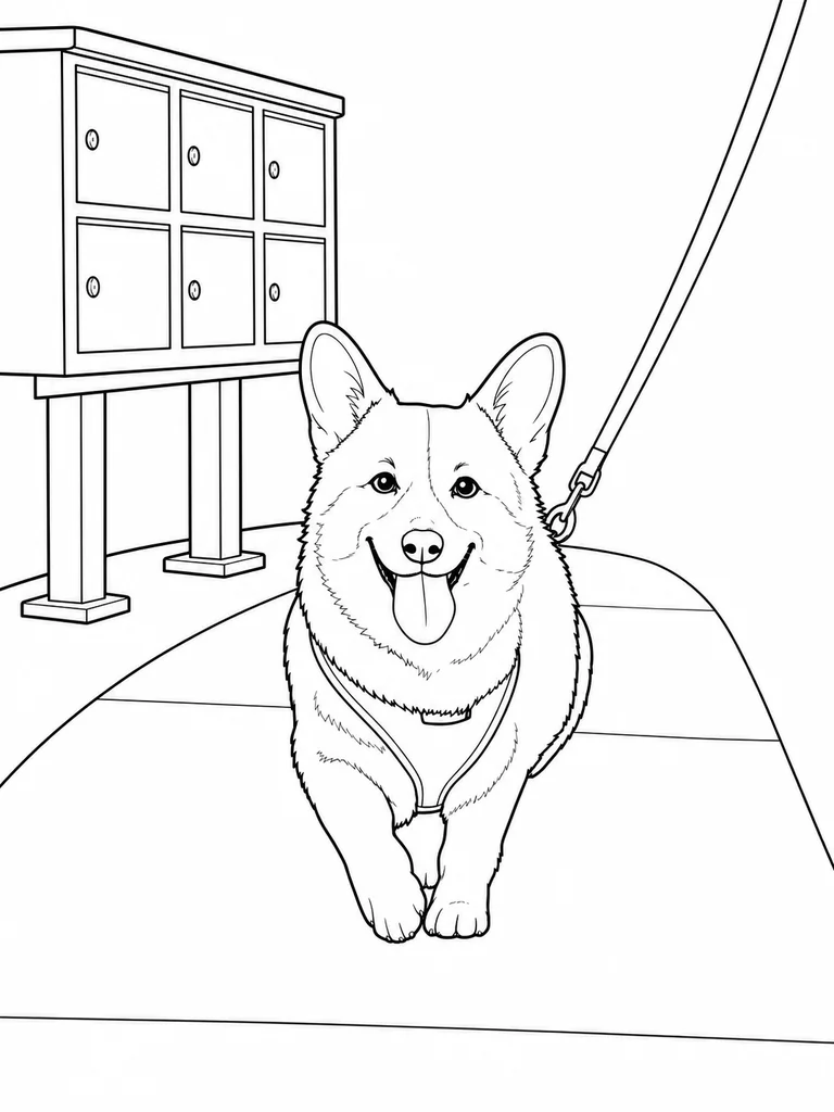 Corgi walks on a leash beside a simple cluster of mailboxes.