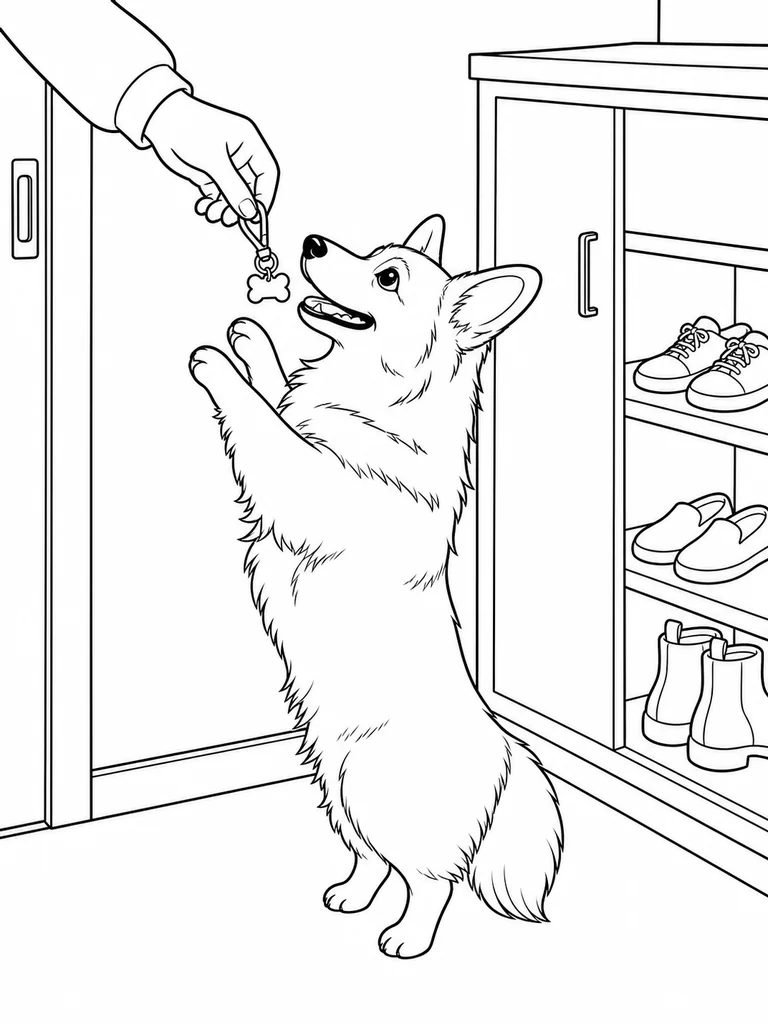 Reaching up near a shoe shelf, a Corgi looks at a small leash tag in a hand.
