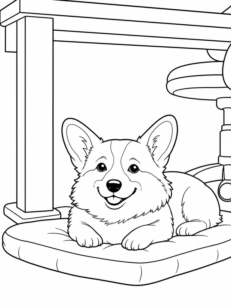 Under a desk, a Corgi rests on a soft mat near a chair wheel.