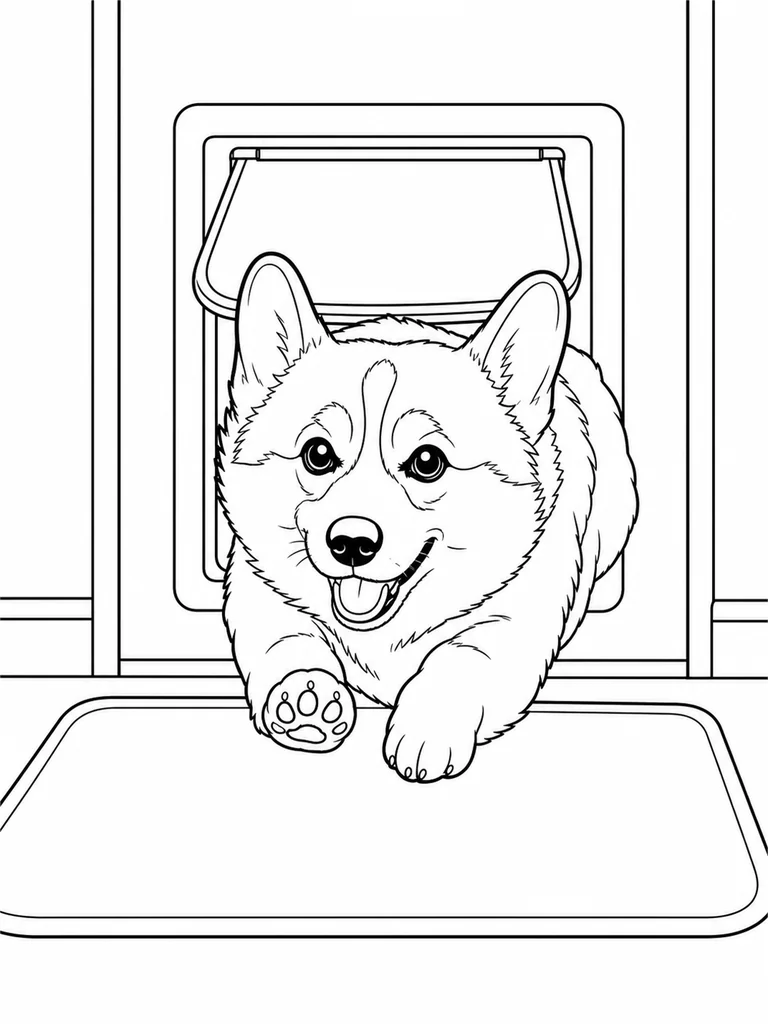 Corgi runs forward through a small pet door onto a plain floor mat.