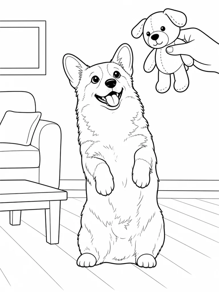 Corgi sits upright on the living room floor while a plush toy is held nearby.