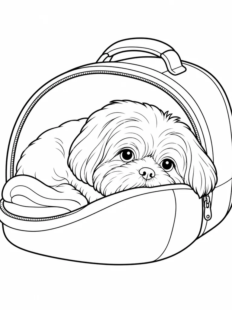 A Shih Tzu nestles inside a soft travel carrier with its chin on the padded edge.