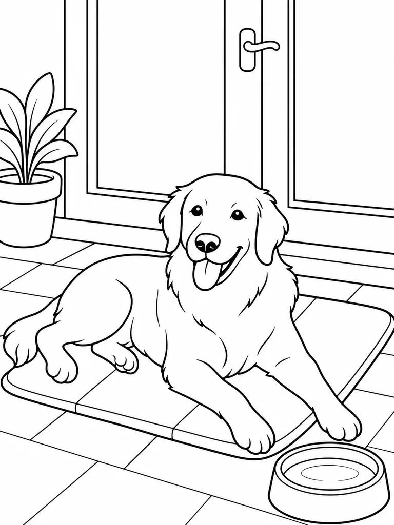 A relaxed Retriever lies on a cooling mat beside a water bowl at the patio door.
