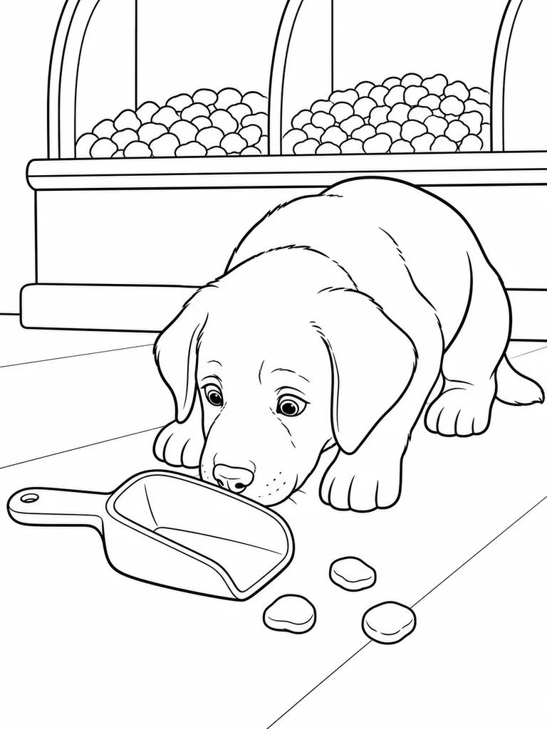A curious Chocolate Lab Puppy sniffs an empty scoop near a low food bin.
