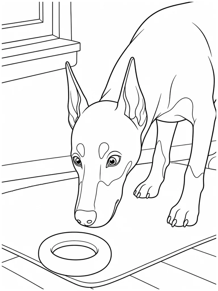 A curious Dobie lowers its nose toward a toy ring on a mat near the window.