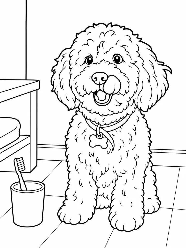 Beside a toothbrush cup and low shelf, a Curly Cockapoo sits in a pet care corner.
