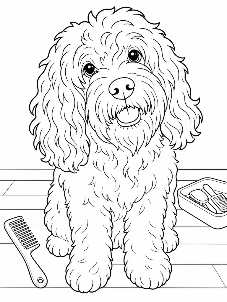 A Curly Cockapoo sits near a wide comb and grooming tray on a clean prep floor.