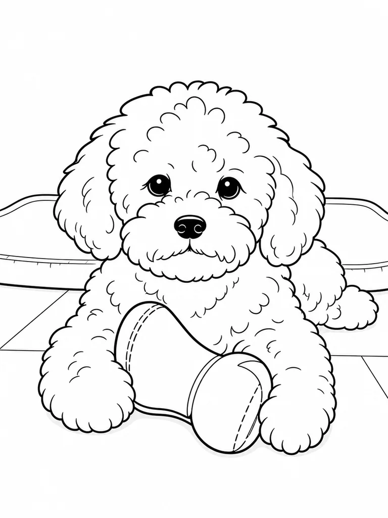 A Curly Cockapoo lies on the care room floor while holding a soft toy between its paws.