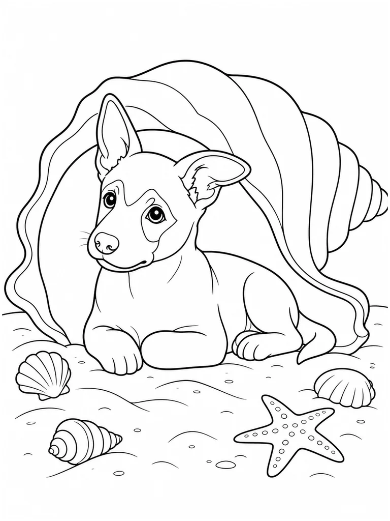 A Belgian Malinois puppy rests inside a giant conch shell beside a starfish and smaller shells.