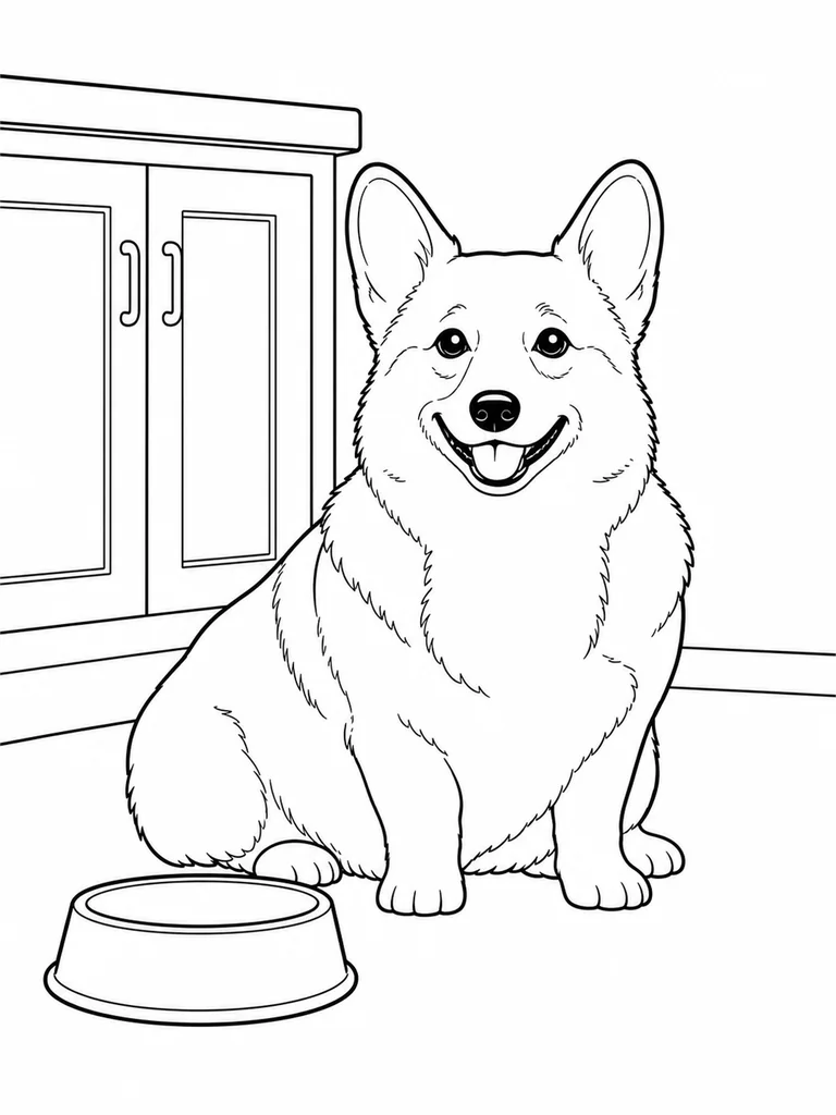 Beside a kitchen bowl, a Cute Corgi sits on the floor in front of simple cabinets.