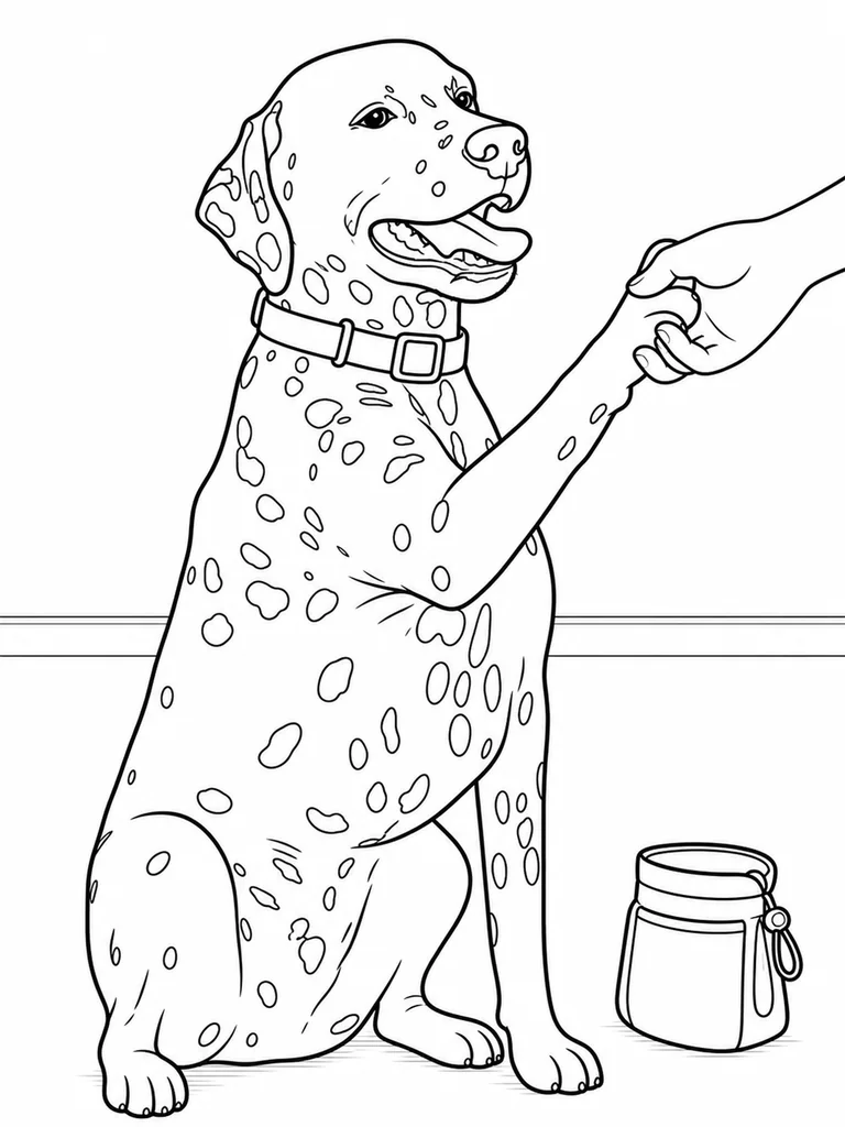 A Dalmatian gives one paw to a trainer while sitting beside a treat pouch.
