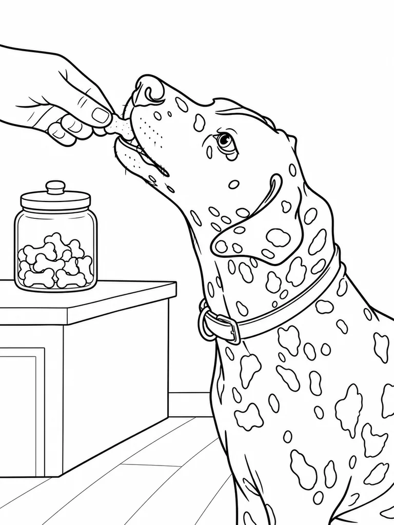 In the kitchen, a Dalmatian gently takes a treat from a hand near a jar.