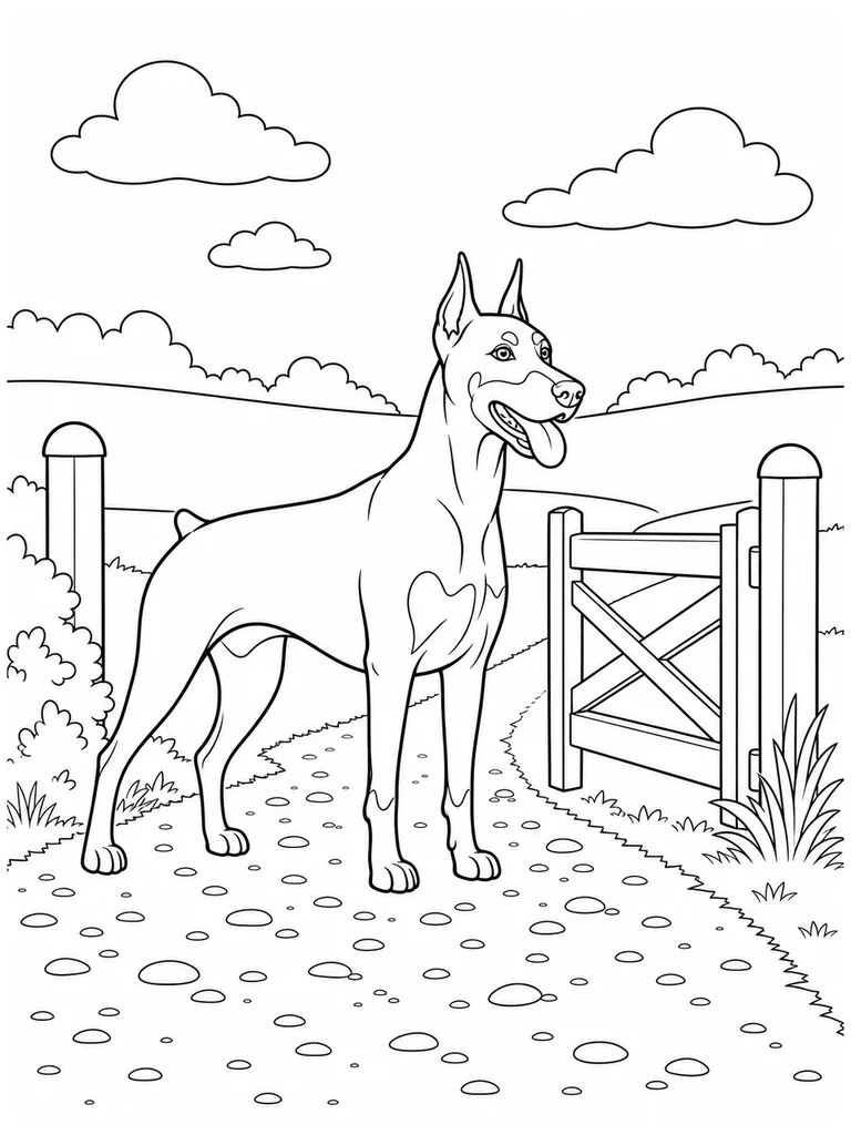 This Doberman stands on a farm path next to an open gate and rolling fields.