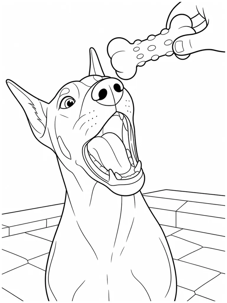 This Doberman opens wide to catch a chew toy held above a backyard step.